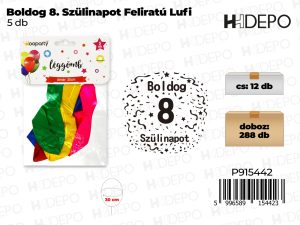 30 cm-es Boldog 8. Szülinapot Feliratú Lufi 5db-os